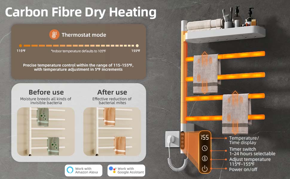 SIOYIE Smart Rotating Heated Towel Rack For Bathroom, Wall-Mounted Electric Towel Dryer With Swivel Bars & Shelf, Smart Timer, Low Carbon Steel, Plug-in/Hardwired, Towel Warmer With Wi-Fi App Control_voghion.com